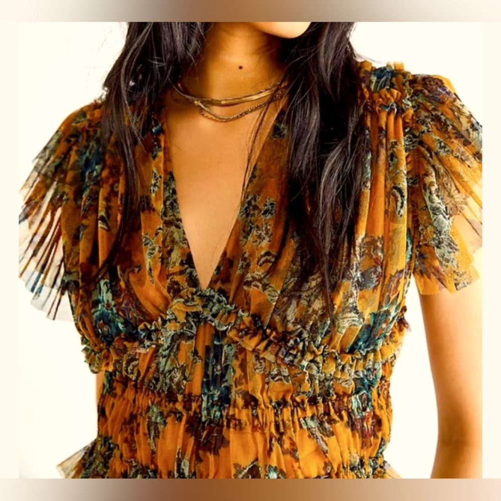 Free People FP Making Me Smile Print Mesh Gold Floral Ruched Crop Top Size M
